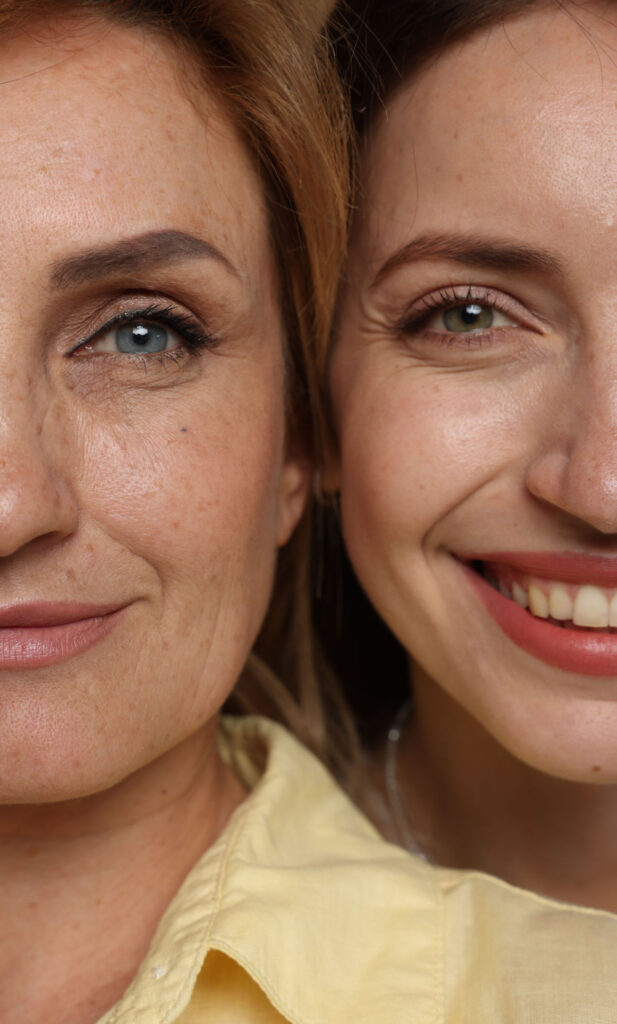 Portrait of mother and daughter on brown background